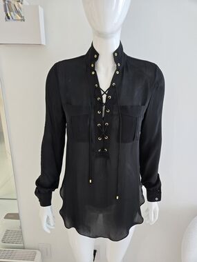 Haute Hippie Black Silk Lace-Up Long Sleeve Blouse with Gold Eyelets